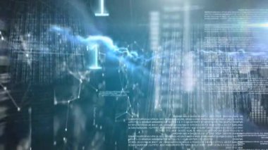 Animation of network of connections over data processing and clouds on black background. Global connections, computing and digital interface concept digitally generated video.