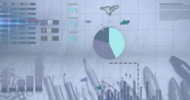 Animation of digital infographic interface over pencils and crayons and pins on white paper. Digital composite, multiple exposure, report, database, investment, education, art and technology concept.