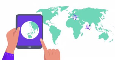 Animation of world map over hands using tablet with globe. Social media, travel and digital interface concept digitally generated video.
