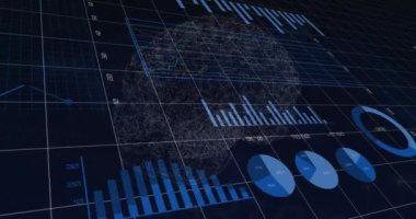 Animation of statistical data processing over spinning human brain against blue background. Medical research and science technology concept