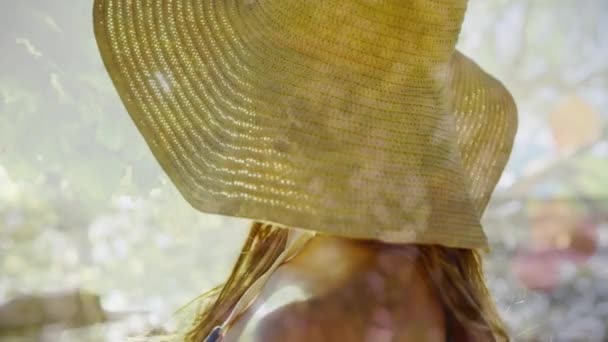 Vídeo Compuesto Vista Trasera Mujer Con Sombrero Contra Los Árboles — Vídeo de stock
