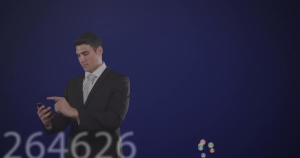 Animation Multiple Profile Icons Changing Numbers Caucasian Businessman Using Smartphone — Video