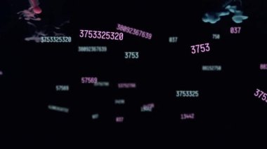 Animation of multiple changing numbers and light spot over pink and blue ink in water. Computer interface and business technology concept