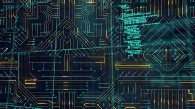 Animation of data processing over microprocessor connections against grey background. Computer interface and business technology concept