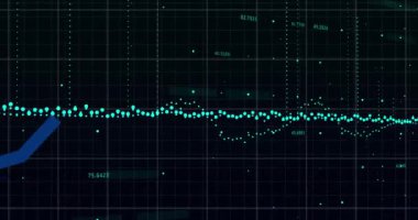 Digital animation of statistical data processing over grid network against black background. Global business and data technology concept