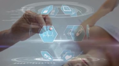 Animation of medical data processing over caucasian woman getting botox treatment on her face. Medical healthcare and technology concept