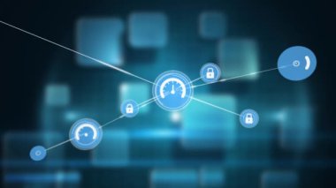 Animation of network of digital icons over blue square shapes against black background. Global networking and business technology concept