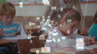 Animation of network of digital icons over two caucasian girls studying in the class at school. School and education technology concept