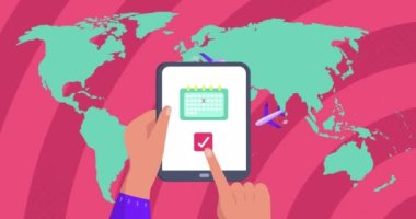 Animation of world map over hands using tablet. Social media, travel and digital interface concept digitally generated video.