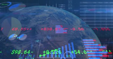 Animation of data processing over globe and blue background. Global business and digital interface concept digitally generated video.