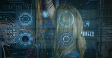 Animation of round scanner and data processing over caucasian female engineer working at server room. Computer interface and business data storage technology concept