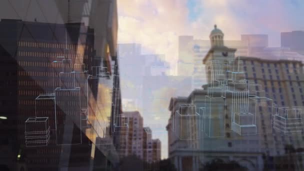 都市の上のデジタル都市のアニメーション グローバルビジネスとデジタルインターフェースの概念デジタル生成されたビデオ — ストック動画