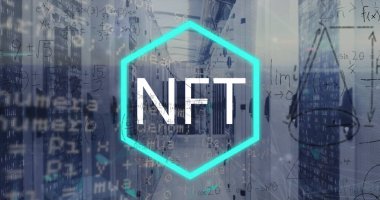 Image of nft symbol, maths calculatuions and processing data over computer server room. Global communication, non fungible tokens, business and cryptocurrency concept digitally generated image.
