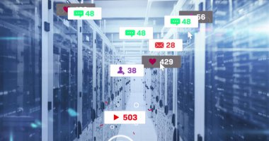 Image of media icons over server room. Global business and digital interface concept digitally generated image.