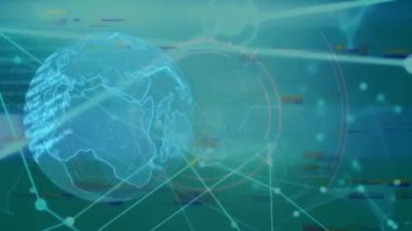 Animation of network connecting dots, globe with coding data processing on digital interface. Digital composite, connect the dots, networking, technology, connection, global communication.
