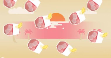 Animation of drinks over sea and sun. Retro future and digital interface concept digitally generated video.