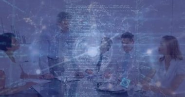 Animation of rotating globe over caucasian coworkers discussing in meeting in boardroom. Digital composite, multiple exposure, globalization, communication, teamwork, business concept.