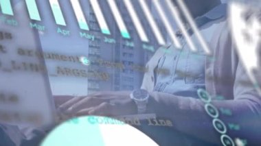 Animation of statistical data processing over african american businessman using laptop at office. Business data and analytics technology concept