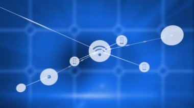 Animation of network of digital icons against square shape pattern design on blue background. Global networking and business technology concept