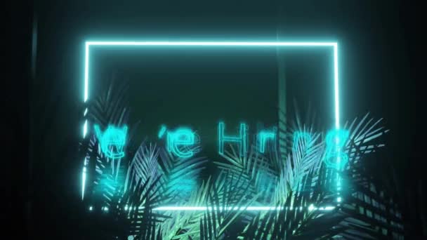 Animation Hiring Text Frame Blue Neon Palm Leaves Black Background — Wideo stockowe