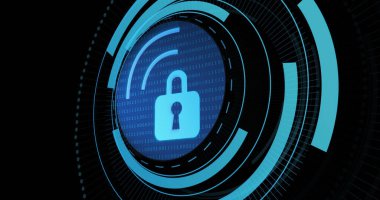 Image of digital padlock and wi fi in processing circle on black background. Data processing, digital security and technology concept digitally generated image.