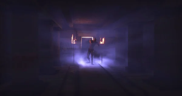 Зображення Страшної Зомбі Мумії Ходить Темній Кімнаті Палаючими Факелами Хеллоуїн — стокове фото