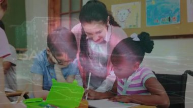 Animation of data processing over caucasian female teacher and students at school. School and education technology concept