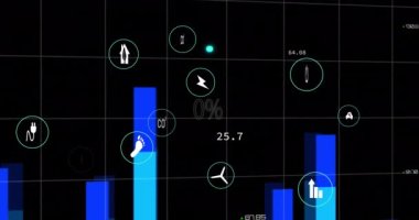 Animation of ecology icons over data processing and circles. Global business and digital interface concept digitally generated video.