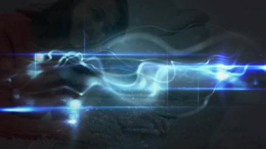 Animation of light trails over caucasian woman using smartphone. Global business and digital interface concept digitally generated video.