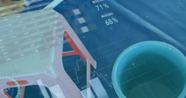 Animation of statistical data processing over close up of stool and bucket against blue background. Business technology concept