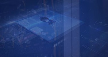 Animation of cyber security data processing over caucasian female engineer working at server room. Cyber security and business storage technology concept