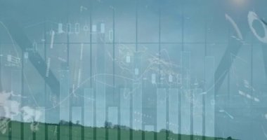 Animation of graphs moving with world map against wind turbines on field. Digital composite, multiple exposure, technology, power generation, sustainable energy, development, finance, economy.