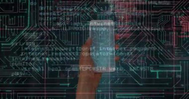 Animation of data processing and microprocessor connections over hand holding a smartphone. Computer interface and business technology concept