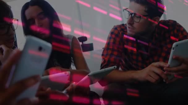 Animation Pink Mosaic Squares Diverse Colleagues Using Electronic Devices Office — Vídeo de Stock