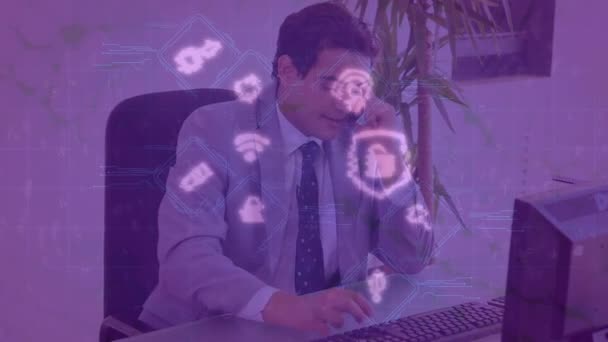 Animation Digital Icons Caucasian Businessman Talking Smartphone Using Computer Computer — Wideo stockowe
