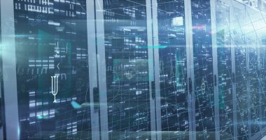 Image of processing data and maths calculations over flashing computer servers. Global communication, research, data and network concept digitally generated image.
