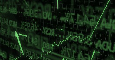 Image of statistics and financial data processing over arrows on black background. Global business, finance and data processing concept digitally generated image.