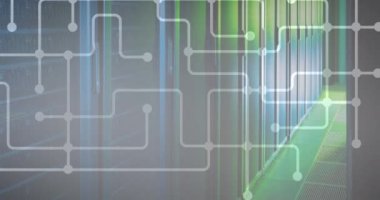 Digital composite of dots interconnecting with lines over server room. Animation, multiple exposure, network security, data center, networking, technology and network server concept.