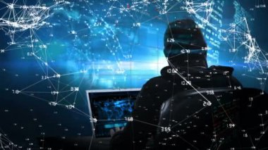 Animation of data processing and connections over caucasian male hacker. Global data safety, digital security, network and technology concept digitally generated video.
