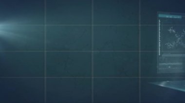 Animation of light spot over multiple screens with medical data processing against green background. Medical research and science technology concept