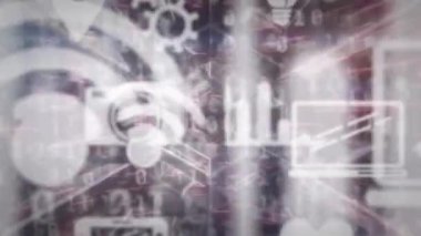 Animation of tech icons over tunnel with data processing. Global network, data processing and technology concept digitally generated video.