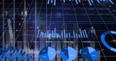 Digital animation of statistical data processing over aerial view of cityscape. Global business and data technology concept
