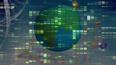 Animation of mosaic squares and scope scanning over dna structure and globe spinning. Medical research and business networking technology concept