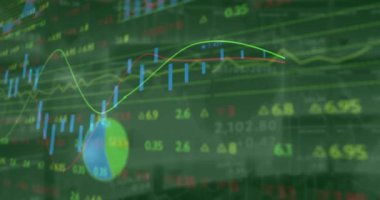 Animation of financial data processing with graph on green background. Global business, finances and digital interface concept digitally generated video.