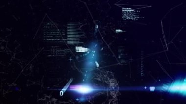 Animation of data processing and light spots over network of connections against black background. Computer interface and business networking technology concept