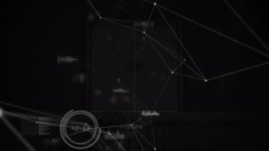 Animation of network of connections and data processing over opening door on wooden plank. Global networking and business technology concept