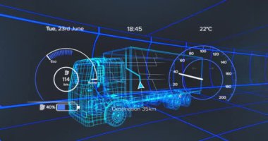Animation of car drawing over woman of animation of animation spinning on black background. Global transport and digital interface concept digitally generated video.