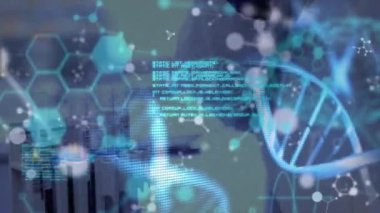Animation of dna strand and scientific data processing over man working in laboratory. Global science, research and data processing concept digitally generated video.