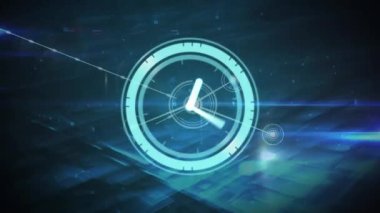 Animation of network of connections with icons over clock and light trails on black background. Global technology, connections and digital interface concept digitally generated video.