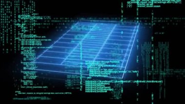 Animation of data processing over neon sport field plans on black background. Global sport, computing and digital interface concept digitally generated video.